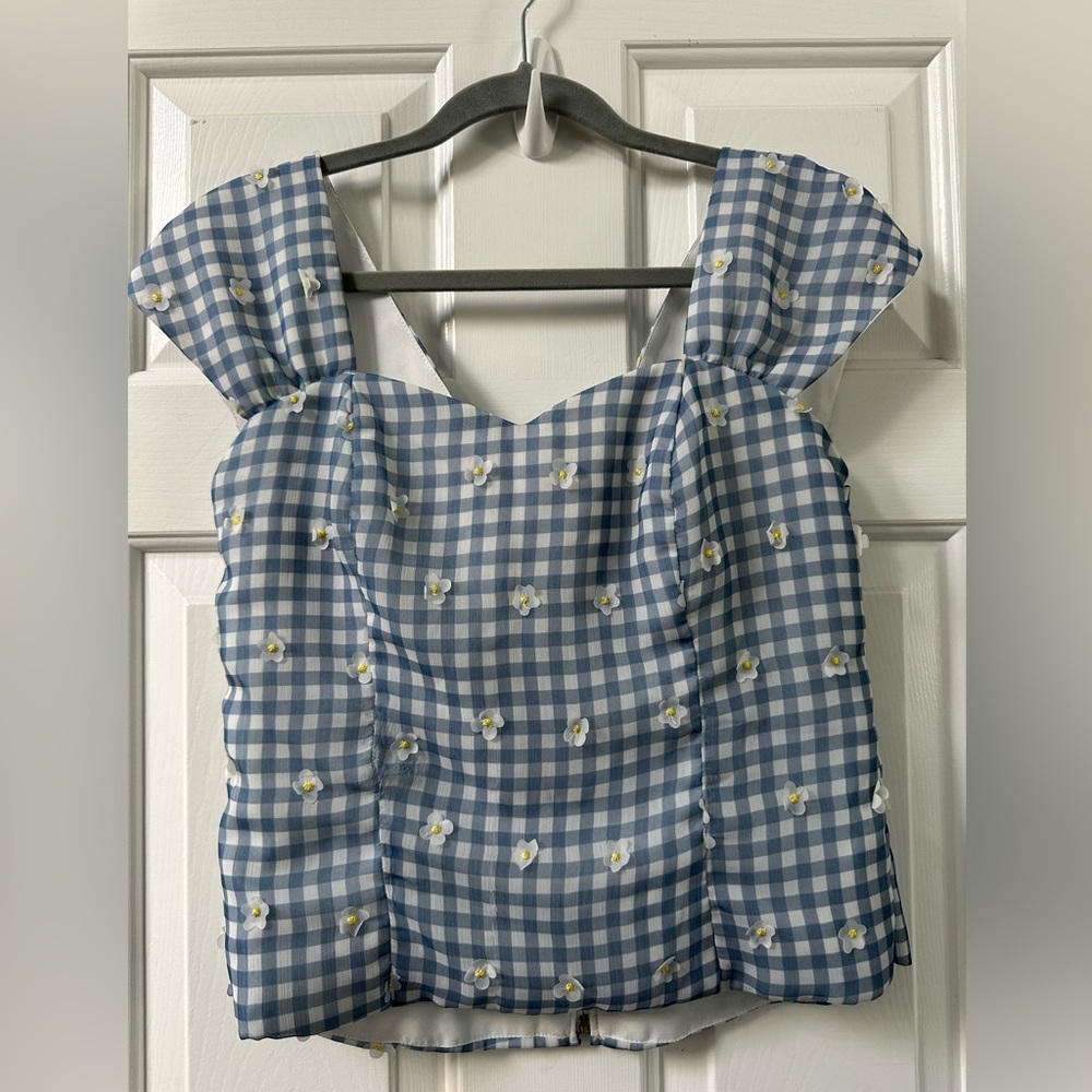 Unique Vintage Magnolia Place Blue Gingham Sleeveless Top With Floral Embroidery